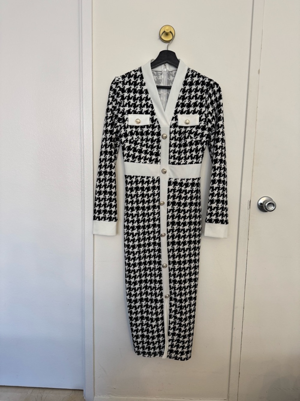 SHEIN Black & White Houndstooth Button-Front Midi Dress